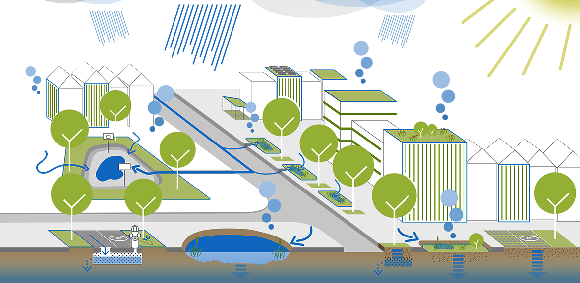 Die Grafik zeigt die Elemente einer Schwammstadt. Dazu gehören vor allem wasserdurch-lässige Beläge, Versickerungsmulden, Verdunstung, Feuchtbiotope, Zisternen, Rigolen, No-tabflusswege, Starkregenrückhalt und Gebäudebegrünung.