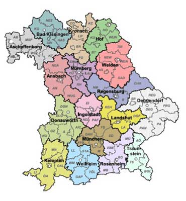 eine Bayernkarte mit den Bezirken der Zuständigkeiten der Wasserwirtschaftsämter