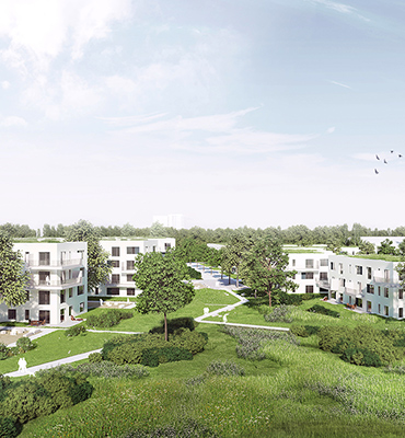 Die Visualisierung zeigt ein neues Wohnquartier mit vielen Grünflächen im Vordergrund.