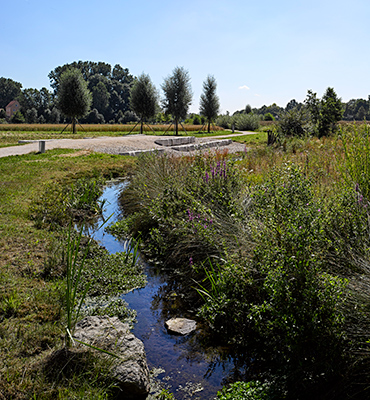 Das Bild zeigt den renaturierten Retzbach mit extensiven Grün- und Gehölzflächen entlang der Ufer.